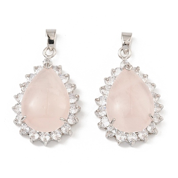 Natural Rose Quartz & Rhinestone Pendants, with Platinum Tone Rack Plating Brass Wire Wrap, Long-Lasting Plated, Lead Free & Cadmium Free, Teardrop, 40x26x13mm, Hole: 6x4.5mm