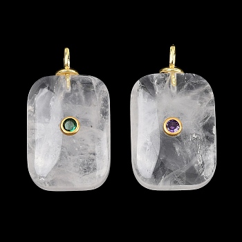 Natural Quartz Crystal Pendants, Rock Crystal Rectangle Charms with Brass Micro Pave Cubic Zirconia(Random Color) Findings, Golden, 33x18.5x9mm, Hole: 3.5mm