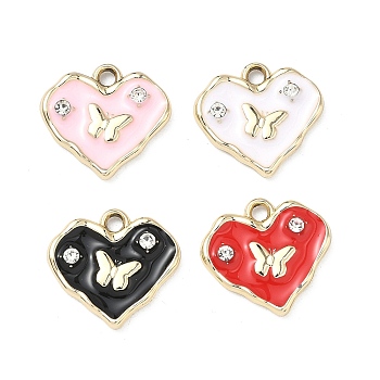 Alloy Enamel Pendants, Heart with Butterfly Charms, UV Plating, with Rhinestone, Golden, 16x17.5x3mm, Hole: 2mm