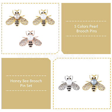 5Pcs 5 Colors White Imitation Pearl with Rhinestone Bee Brooch Pin(JEWB-DC0001-10)-3