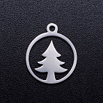 Non-Tarnish 304 Stainless Steel Hollow Pendants, Ring with Christmas Tree, Stainless Steel Color, 15x13x1mm, Hole: 1.5mm(STAS-Q201-JN301-1)