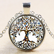 Tree Of Life Pattern Flat Round Glass Pendant Necklaces, with Alloy Chains, Silver Color Plated, 18 inch(NJEW-N0051-048O-02)