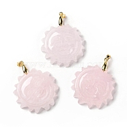 Natural Rose Quartz Pendants, with Golden Tone Brass Findings, Lead Free & Cadmium Free, Sun with Smiling Face, 42x34~35x10.5mm, Hole: 3.8x5mm(G-E043-01B-06G)