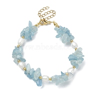 Natural Aquamarine Chips & Pearl Beaded Bracelet, with 304 Stainless Steel Clasps, 7-1/4 inch(18.3cm)(BJEW-TA00349-03)