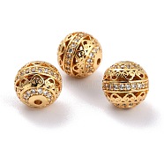 Brass Micro Pave Clear Cubic Zirconia Beads, Long-Lasting Plated, Hollow Round, Golden, 9mm, Hole: 1.2mm(X-ZIRC-L075-025G)