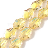 Transparent Electroplate Glass Beads Strands, Half Rainbow Plated, Hamsa Hand, Yellow, 17.8x13.5x7.5mm, Hole: 1.3mm, about 40pcs/strand, 27.95 inch(71cm)(EGLA-F159-HP02)