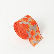 10M Thanksgiving Day Theme Wired Linen Ribbon, Maple Leaf Pattern, Orange Red, 2-1/2 inch(63mm), about 10.94 Yards(10m)/Roll(OCOR-G013-02F)