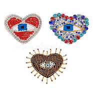 3Pcs 3 Style Glass Rhinestone Beaded Sew on Heart Patches, Evil Eye Appliques Badges, with Polyester Base, Mixed Color, 50~52x61~63~67x3~6mm, 1pc/style(PATC-FG0001-72)