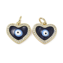 Real 18K Gold Plated Brass Micro Pave Cubic Zirconia Pendants, with Enamel and Jump Ring, Heart with Evil Eye Charms, Dark Blue, 15x15.5x3.5mm, Hole: 4mm(KK-L209-074G-01)