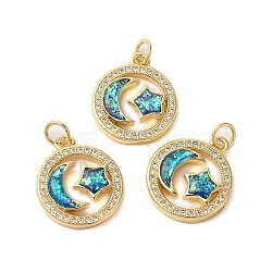 Brass Micro Pave Cubic Zirconia Pendants, with Synthetic Opal, Long-Lasting Plated, Lead Free & Cadmium Free, Ring with Moon & Star Pattern, with Jump Rings, Real 18K Gold Plated, 19x16x3mm, Hole: 3mm(KK-K385-125G)