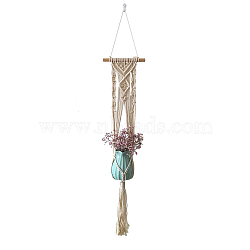 Cotton Macrame Plant Hangers, Wood Holder Boho Style Hanging Planter Baskets, Wall Decorative Flower Pot Holder, Beige, 800x200mm(PW23011801438)