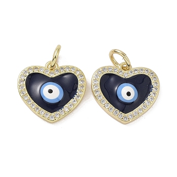 Real 18K Gold Plated Brass Micro Pave Cubic Zirconia Pendants, with Enamel and Jump Ring, Heart with Evil Eye Charms, Dark Blue, 15x15.5x3.5mm, Hole: 4mm
