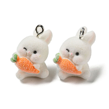 Flocky Resin Pendants, Cute Animal Charms with Platinum Plated Iron Loops, Rabbit, 29x18x17.5mm, Hole: 2mm