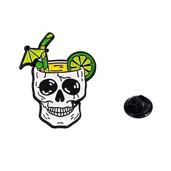 Black Alloy Brooches, Enamel Pins, for Backpack Cloth, Skull Theme, Yellow Green, 30x24mm