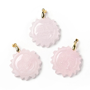 Natural Rose Quartz Pendants, with Golden Tone Brass Findings, Lead Free & Cadmium Free, Sun with Smiling Face, 42x34~35x10.5mm, Hole: 3.8x5mm