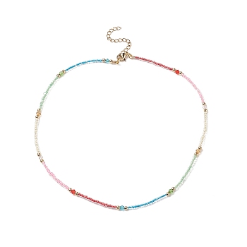 Glass & Brass Beaded Necklaces, Rainbow Color Bead Choker Necklace with 304 Stainless Steel Lobster Claw Clasps for Women, Colorful, 15-3/4 inch(40cm)