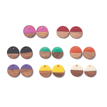 8 Colors Resin & Walnut Wood Pendants, Flat Round, Mixed Color, 15~15.5x3~4mm, Hole: 1.8mm, 2pcs/color, 16pcs/set