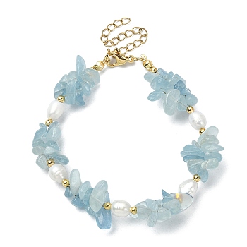 Natural Aquamarine Chips & Pearl Beaded Bracelet, with 304 Stainless Steel Clasps, 7-1/4 inch(18.3cm)