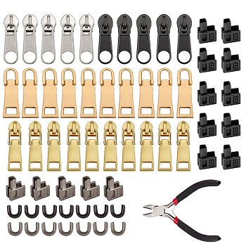 20 Sets 2 Colors Zinc Alloy Zipper Repair Accessories, Zinc Alloy Zipper and Head, 26Pcs Alloy Zipper Puller and Carbon Steel Pliers, for Clothing Accessories, Mixed Color, 0.35x0.4x0.3cm, 40pairs/bag