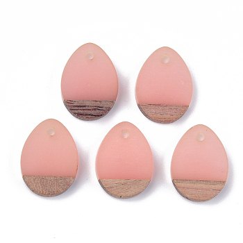Resin & Wood Pendants, teardrop, Pink, 17.5x13x4mm, Hole: 1.8mm