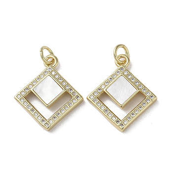 Brass Micro Pave Cubic Zirconia Pendants, with Shell, Rhombus, Real 18K Gold Plated, 20x17.5x3mm, Hole: 3mm