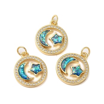 Brass Micro Pave Cubic Zirconia Pendants, with Synthetic Opal, Long-Lasting Plated, Lead Free & Cadmium Free, Ring with Moon & Star Pattern, with Jump Rings, Real 18K Gold Plated, 19x16x3mm, Hole: 3mm