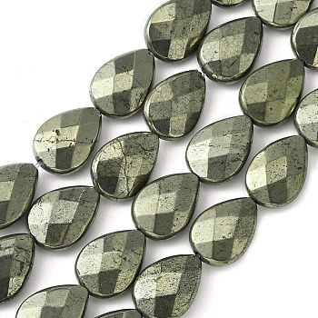 Natural Pyrite Beads Strands, Faceted Flat Teardrop, 17.5~18x13~13.5x6mm, Hole: 1.2mm, about 22pcs/strand, 15.08''(38.3cm)