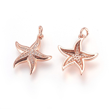 Brass Micro Pave Cubic Zirconia Pendants, with Jump Ring, Starfish/Sea Stars, Clear, Rose Gold, 18x17x3mm, Hole: 3mm