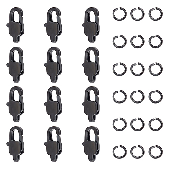 12Pcs Ion Plating(IP) 304 Stainless Steel Lobster Claw Clasps, 20Pcs Open Jump Rings, Electrophoresis Black, 11x5.5x3mm, Hole: 1x1.5mm