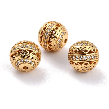 Brass Micro Pave Clear Cubic Zirconia Beads, Long-Lasting Plated, Hollow Round, Golden, 9mm, Hole: 1.2mm