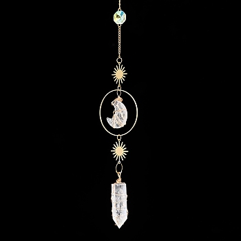 Natural Quartz Crystal Moon & Bullet Window Hanging Suncatchers, Metal Sun Pendant Decorations, Car Ornament, 350mm, Moon: 30mm, Bullet: 45mm