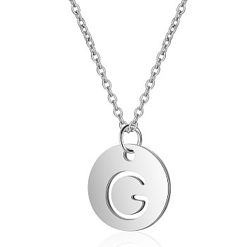201 Stainless Steel Initial Pendants Necklaces, with Cable Chains, Flat Round with Letter, Stainless Steel Color, Letter.G, 16.3 inch(40cm), 1mm