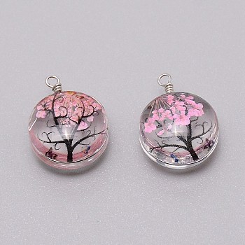 Dried Flower Inside Glass Pendant, with Iron Findings, Flat Round with Tree of Life Pattern, Pink, 22x16x10mm, about 2pcs/set.