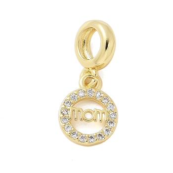 Brass Micro Pave Clear Cubic Zirconia Ring with Word MOM European Dangle Charms, Large Hole Pendants, Rack Plating, Cadmium Free & Lead Free, Long-Lasting Plated, Real 18K Gold Plated, 21mm, Hole: 4.5mm