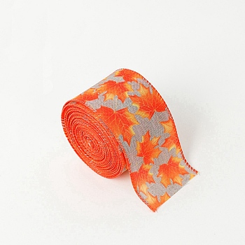 10M Thanksgiving Day Theme Wired Linen Ribbon, Maple Leaf Pattern, Orange Red, 2-1/2 inch(63mm), about 10.94 Yards(10m)/Roll