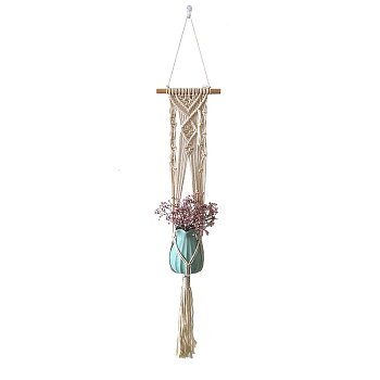Cotton Macrame Plant Hangers, Wood Holder Boho Style Hanging Planter Baskets, Wall Decorative Flower Pot Holder, Beige, 800x200mm