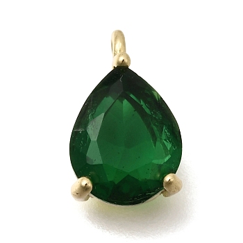 Brass Glass Pendants, Teardrop Charm, Cadmium Free & Lead Free, Rack Plating, Long-Lasting Plated, Faceted, Green, 13x8x5.5mm, Hole: 2.5mm