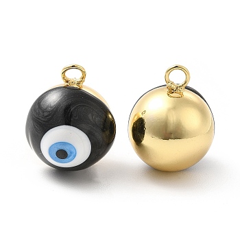 Brass Pendants, with Enamel, Real 18K Gold Plated, Long-Lasting Plated, Round with Evil Eye, Black, 17.5x14x14.5mm, Hole: 3mm