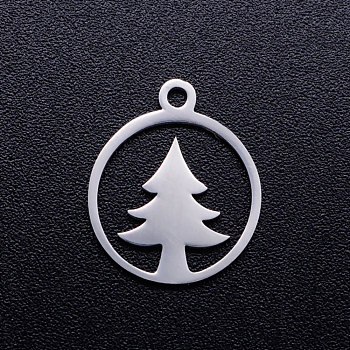 304 Stainless Steel Hollow Pendants, Ring with Christmas Tree, Stainless Steel Color, 15x13x1mm, Hole: 1.5mm