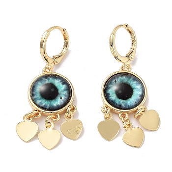 Real 18K Gold Plated Brass Heart Chandelier Earrings, Glass Evil Eye Drop Earrings, Pale Turquoise, 40.5x14mm