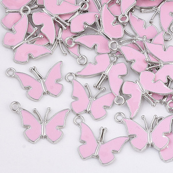 Alloy Pendants, with Enamel, Butterfly, Platinum, Pink, 14.5x21x1.5mm, Hole: 1.8mm