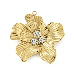 304 Stainless Steel Pendants, with Rhinestone, Flower Charm, Real 14K Gold Plated, Crystal, 26x24.5x4mm, Hole: 1.2mm(STAS-L022-438G-01)