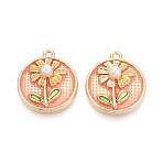 Rack Plating Alloy Enamel and ABS Imitation Pearl Pendants, Flat Round with Flower Charms, Cadmium Free & Nickel Free & Lead Free, Golden, Light Salmon, 24x21x6mm, Hole: 1.8mm(ENAM-T024-84A-G)
