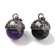 Natural Amethyst Sphere Pendants, Rack Plating Antique Silver Plated Brass Round Charms, Cadmium Free & Lead Free, 24~27x19.5x20mm, Hole: 6x4mm(G-Q163-07AS-04)