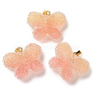 Transparent Resin Dotted Rhinetone Pendants, Butterfly Charms with Rack Plating Brass Findings, Real 18K Gold Plated, Cadmium Free & Lead Free, Long-Lasting Plated, Light Salmon, 24x32x10mm, Hole: 4x2.5mm(RESI-N040-02G-01-RS)