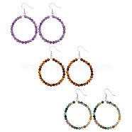 FIBLOOM 3 Pairs 3 Style Natural Mixed Gemstone Beaded Ring Dangle Earrings, Brass Long Drop Earrings, 63x40mm, 1 Pair/color(EJEW-FI0001-91)