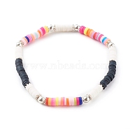 Handmade Polymer Clay Heishi Beaded Stretch Bracelets, with Brass Beads, Platinum, Colorful, Inner Diameter: 2-1/8 inch(5.5cm)(BJEW-JB06146-05)