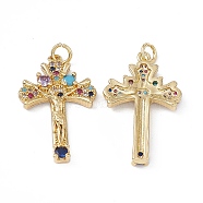 Brass Colorful Cubic Zirconia Pendants, with Jump Ring, Cross Charms, Real 18K Gold Plated, 30x18x3.5mm, Hole: 3mm(KK-E068-VA026-2)