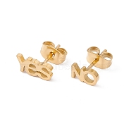 304 Stainless Steel Word YES & NO Asymmetrical Earrings, Stud Earrings for Men Women, Golden, 4x7~9.5mm, Pin: 0.8mm(X-EJEW-E163-12G)