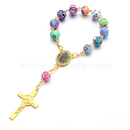 Rosary Bracelet for Easter, Alloy Crucifix Cross Charm Bracelet with Polymer Clay Beaded Chains for Women, Golden, 5-1/2 inch(14cm)(RELI-PW0001-040A-G)